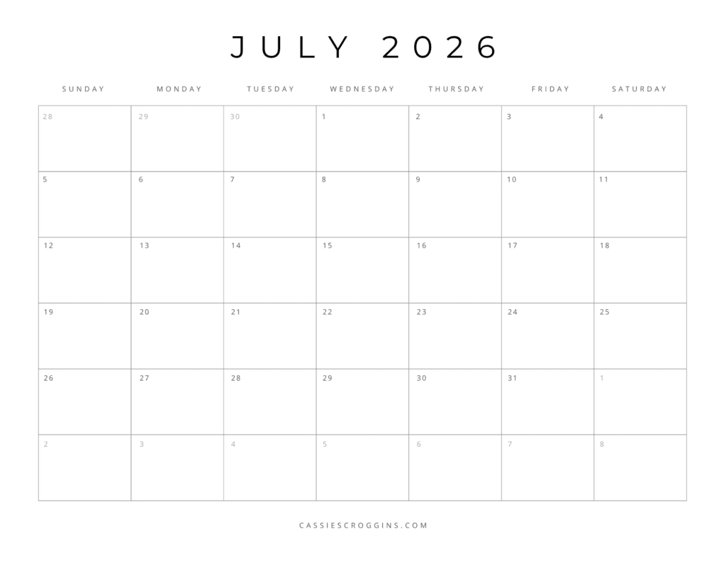 Blank July 2026 Calendar Pdf