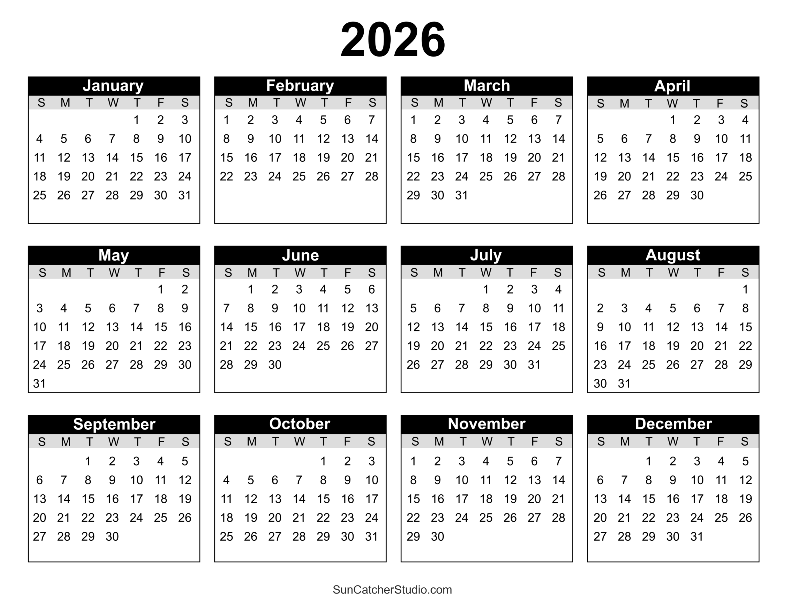 Yearly Printable Calendar 2026