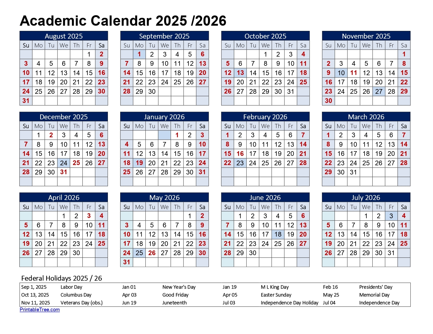 Free Printable School Calendar 2026 2025