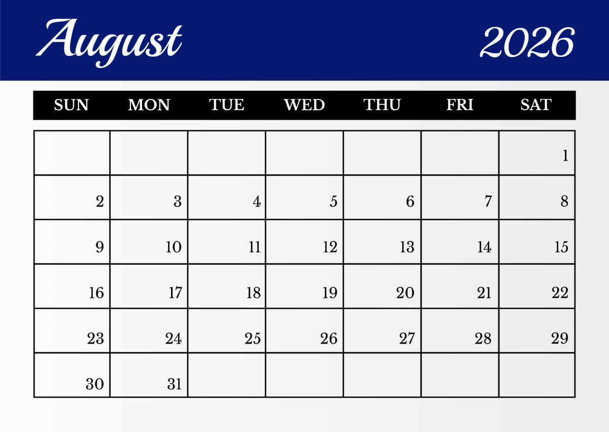 Free Printable August 2026 Calendar Template To Edit Online