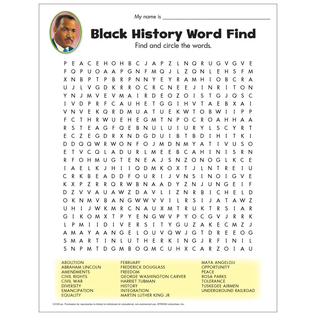 Free Printable Black History Word Find TREND Enterprises Inc 