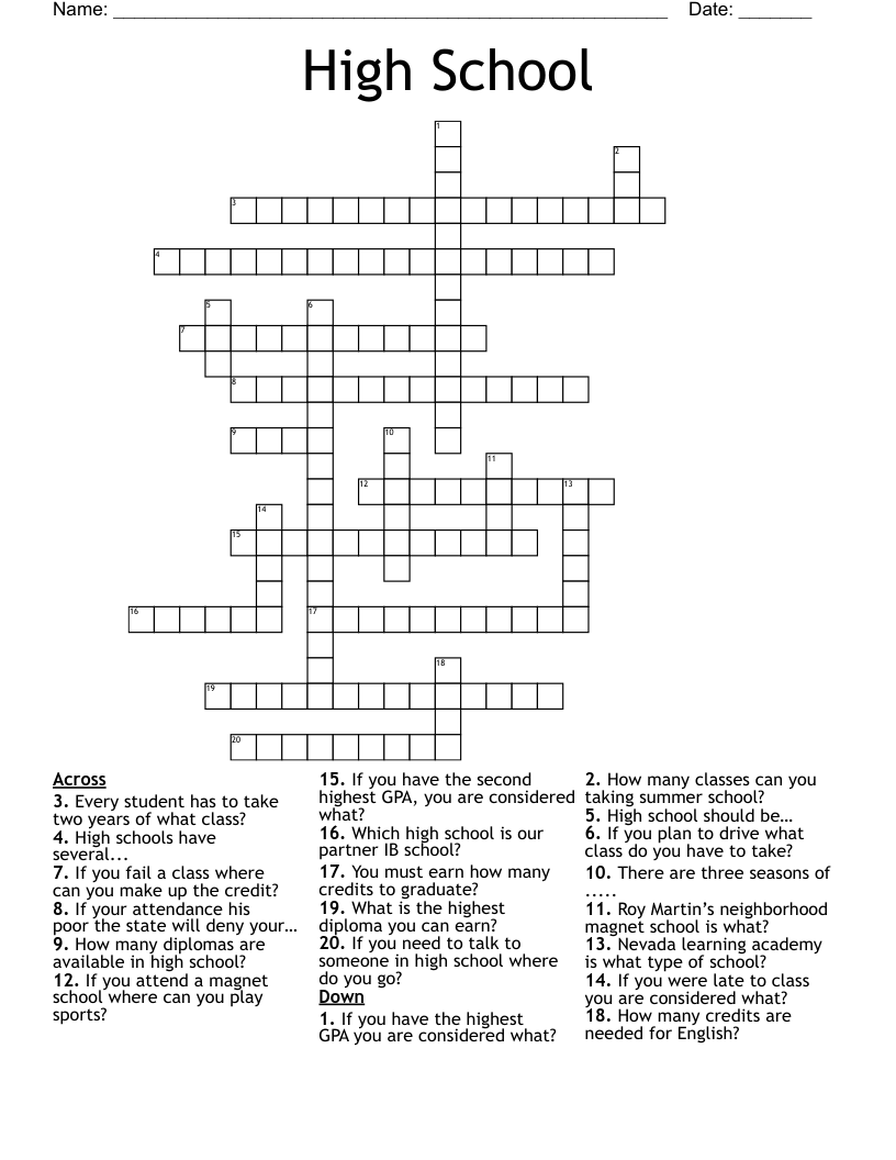 Crossword Puzzles High School Printable