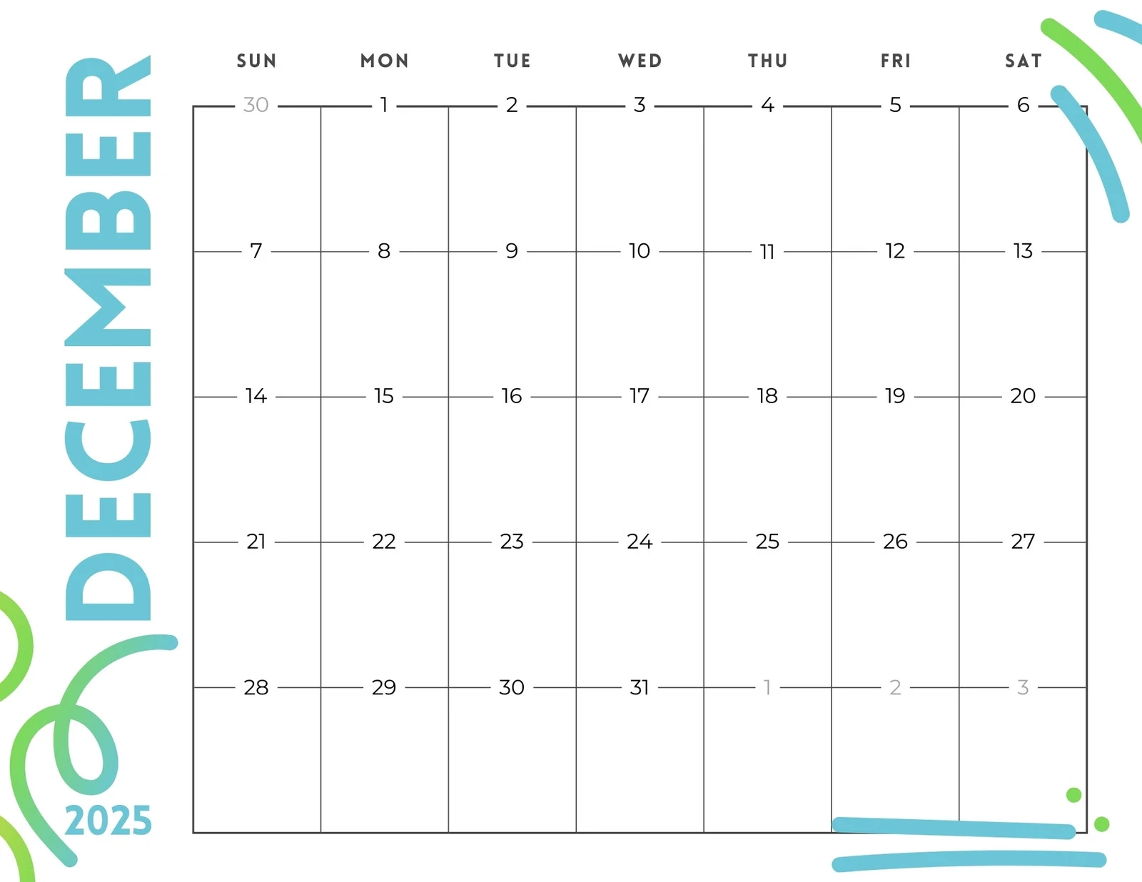 December 2025 Calendar Free