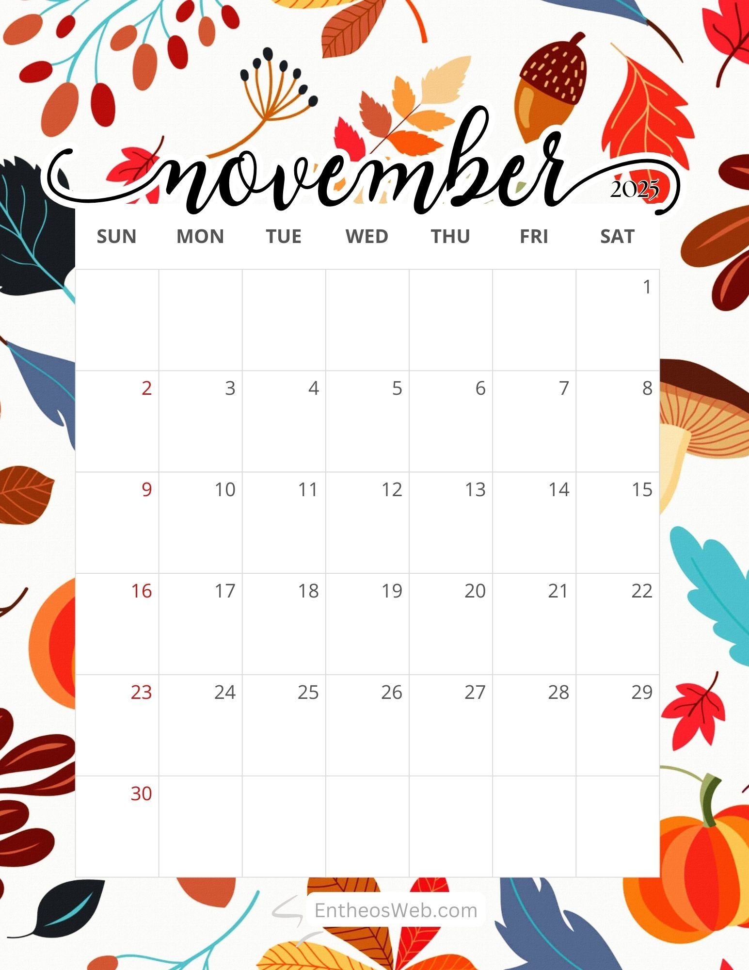 Free Printable November 2025 Calendars EntheosWeb