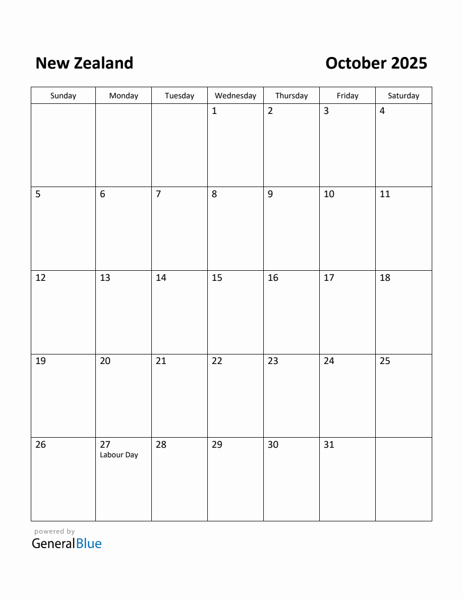 Free Printable October 2025 Calendar For New Zealand