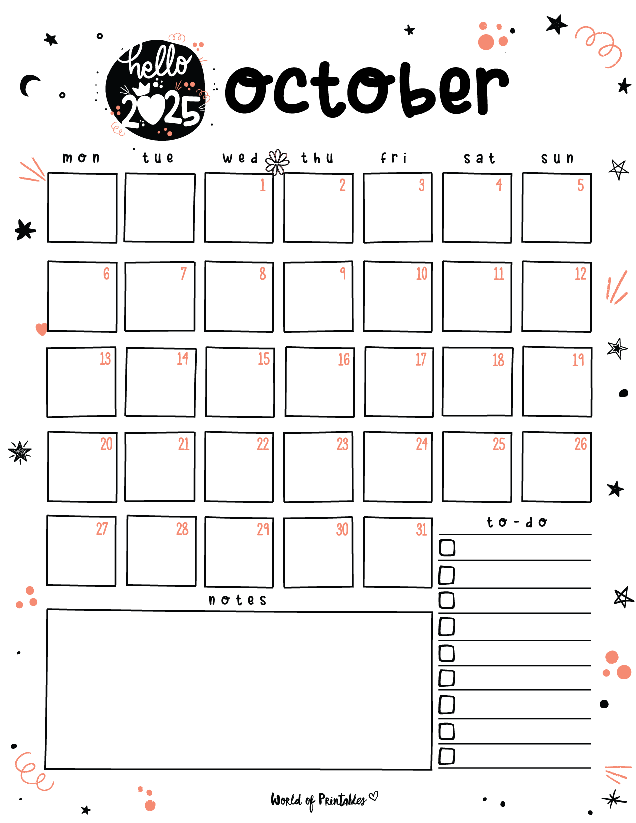 Blank Printable October 2025 Calendar