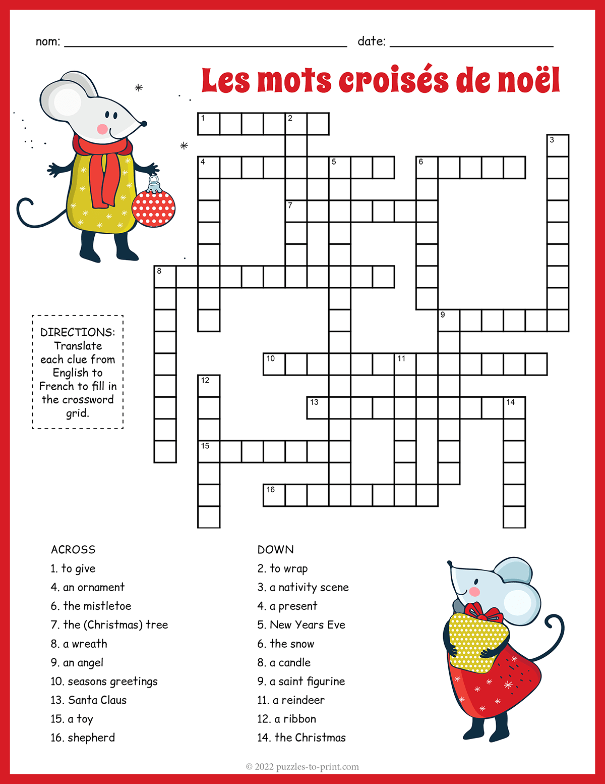 Printable French Christmas Crossword Puzzles