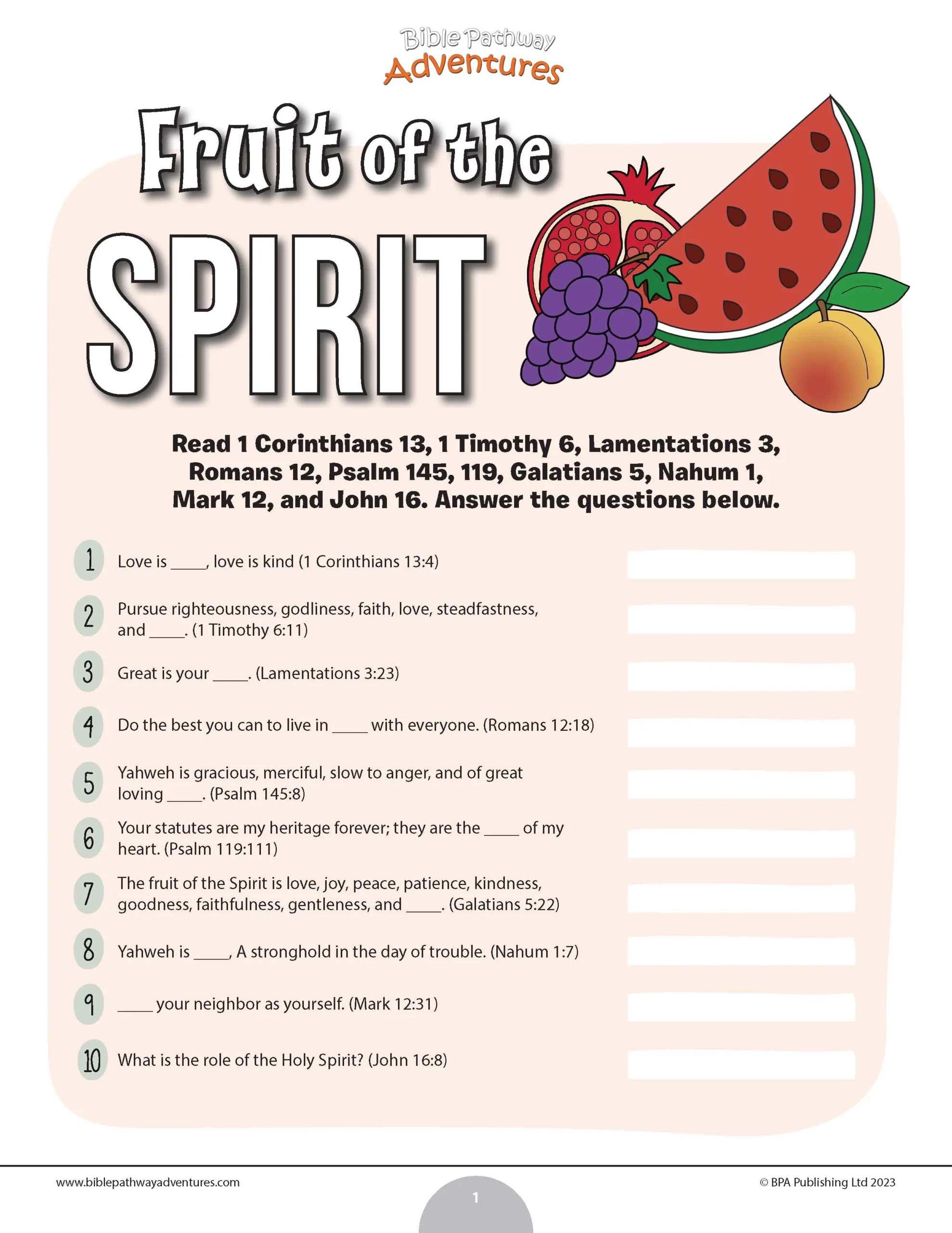 Printable Fruit Of The Spirit Worksheets