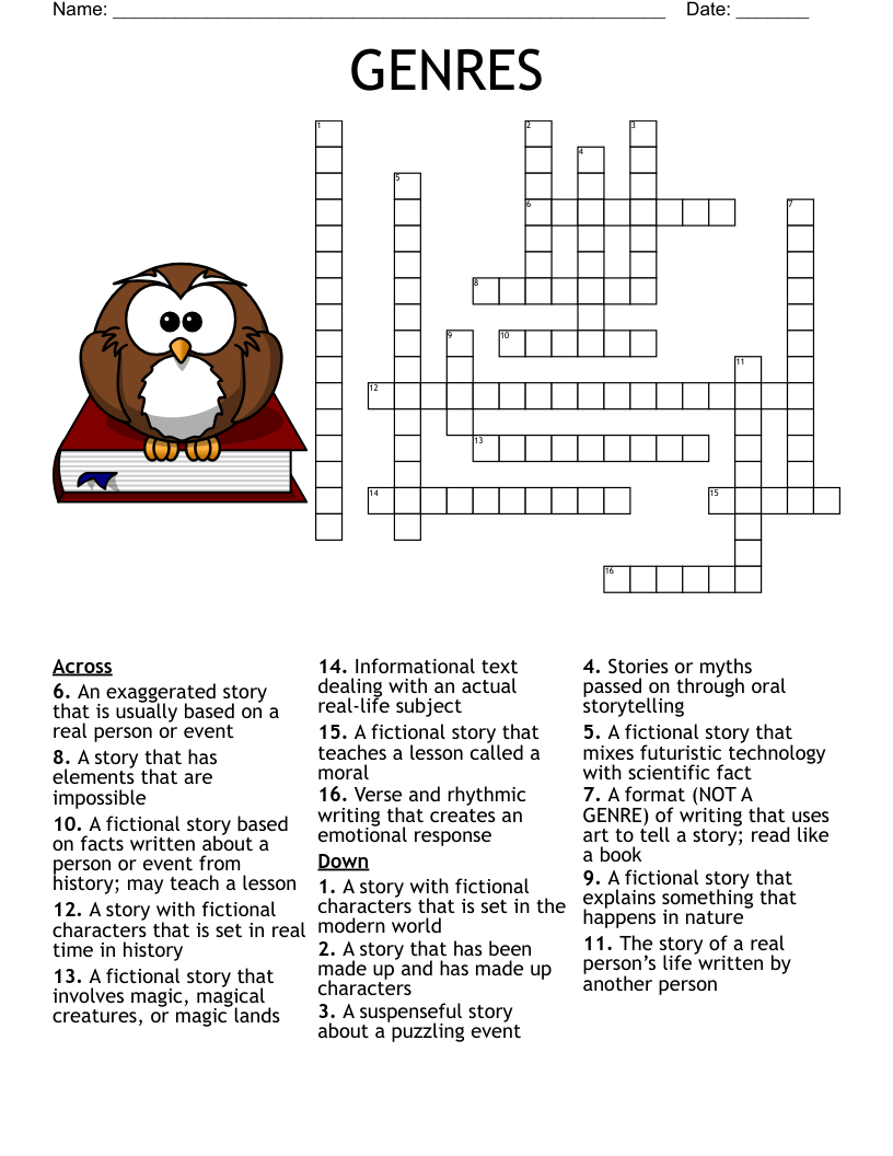 Literature Genre Crossword Puzzles Printable