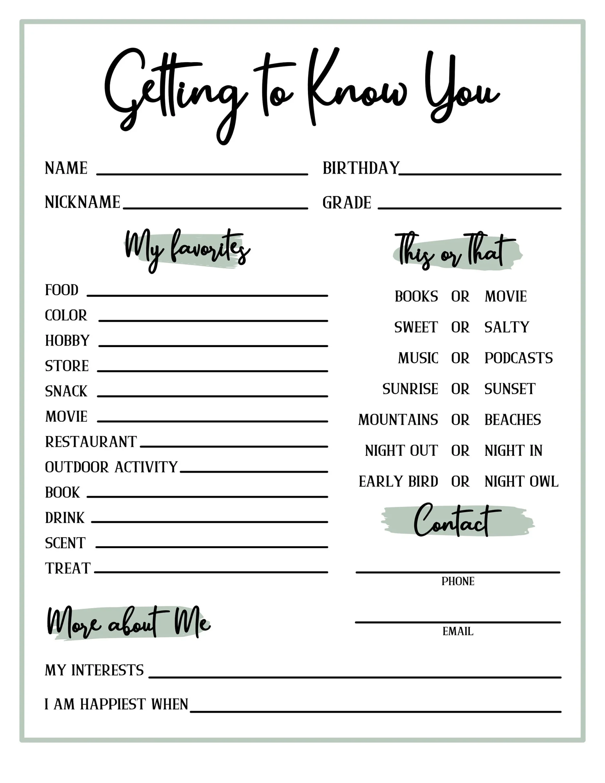 Get To Know You Getting To Know You Page Get To Know You 