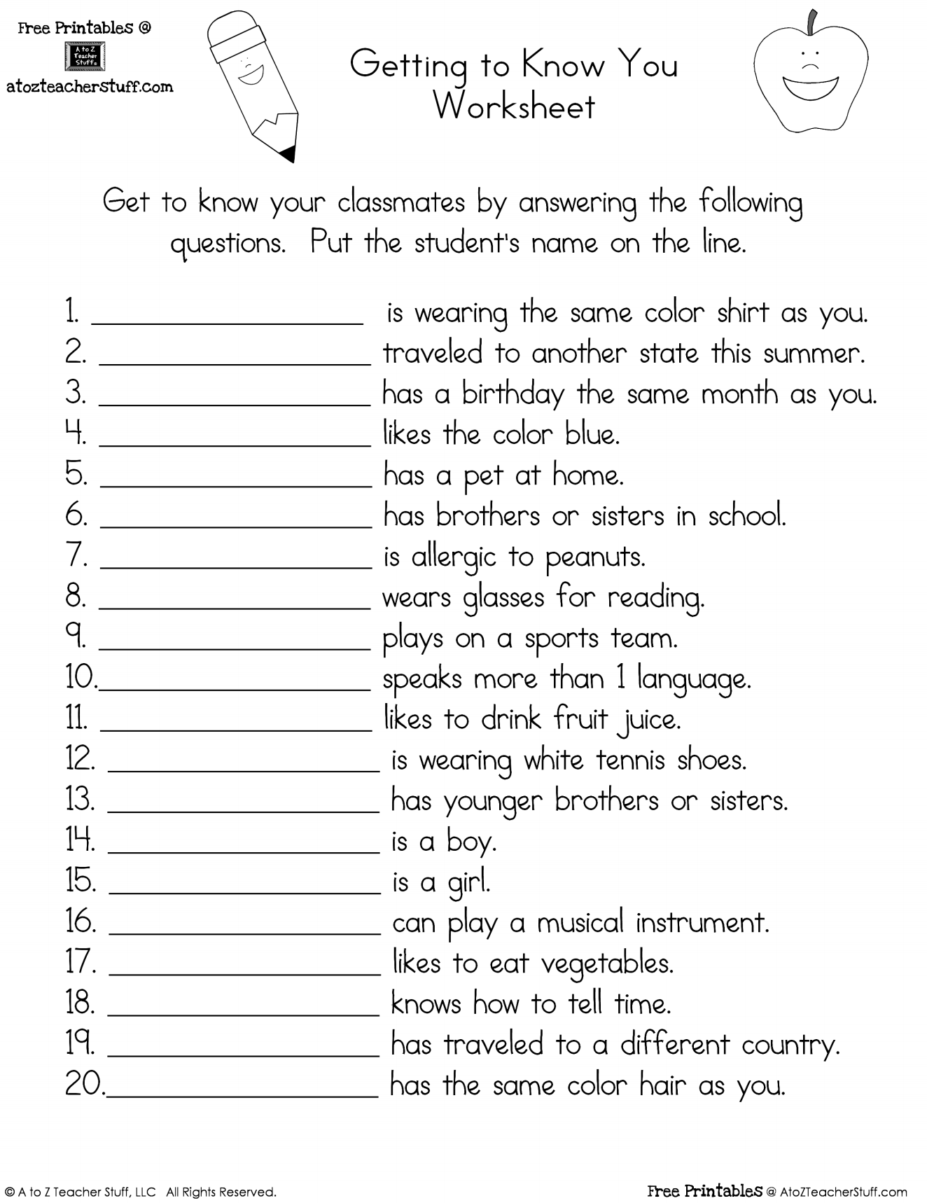 Getting To Know You Worksheet A To Z Teacher Stuff Printable 