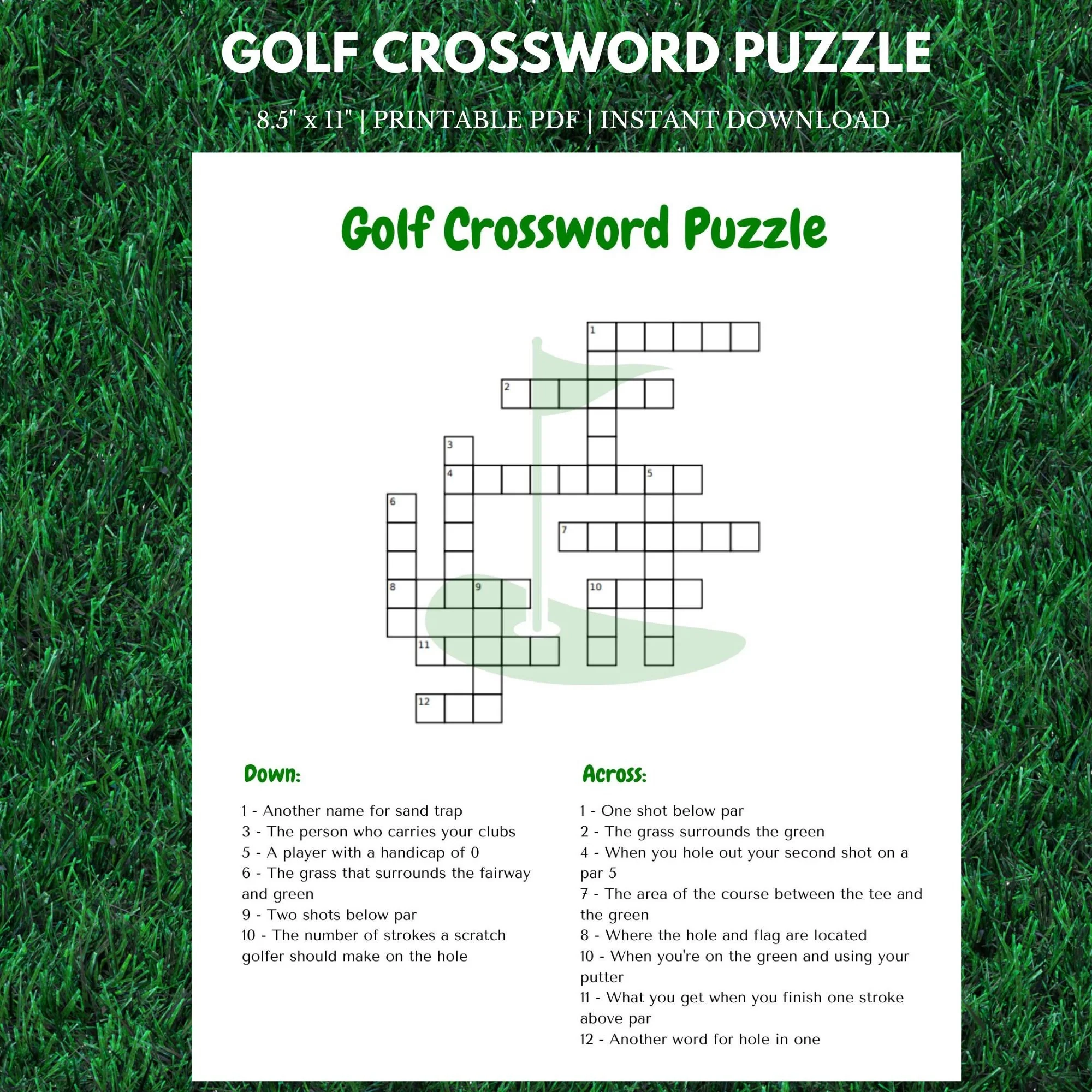 Golf Crossword Puzzle 8 5 X 11 Instant Download Printable