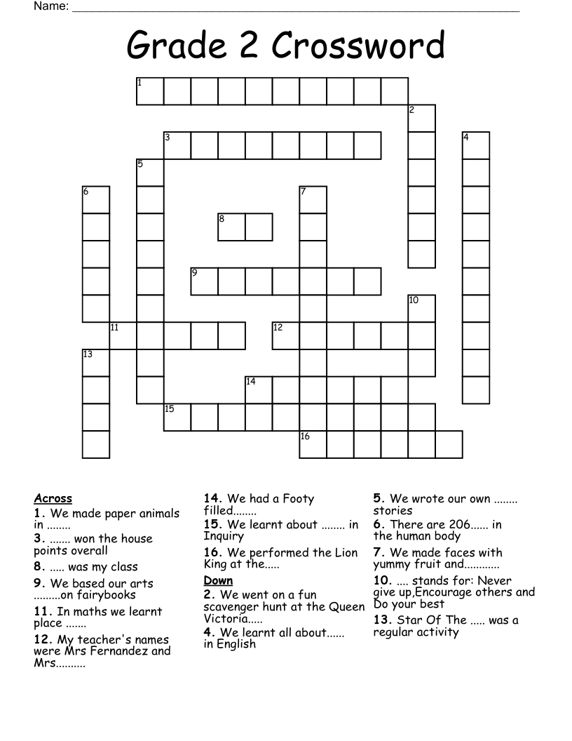 2nd Grade Printable Crossword Puzzles