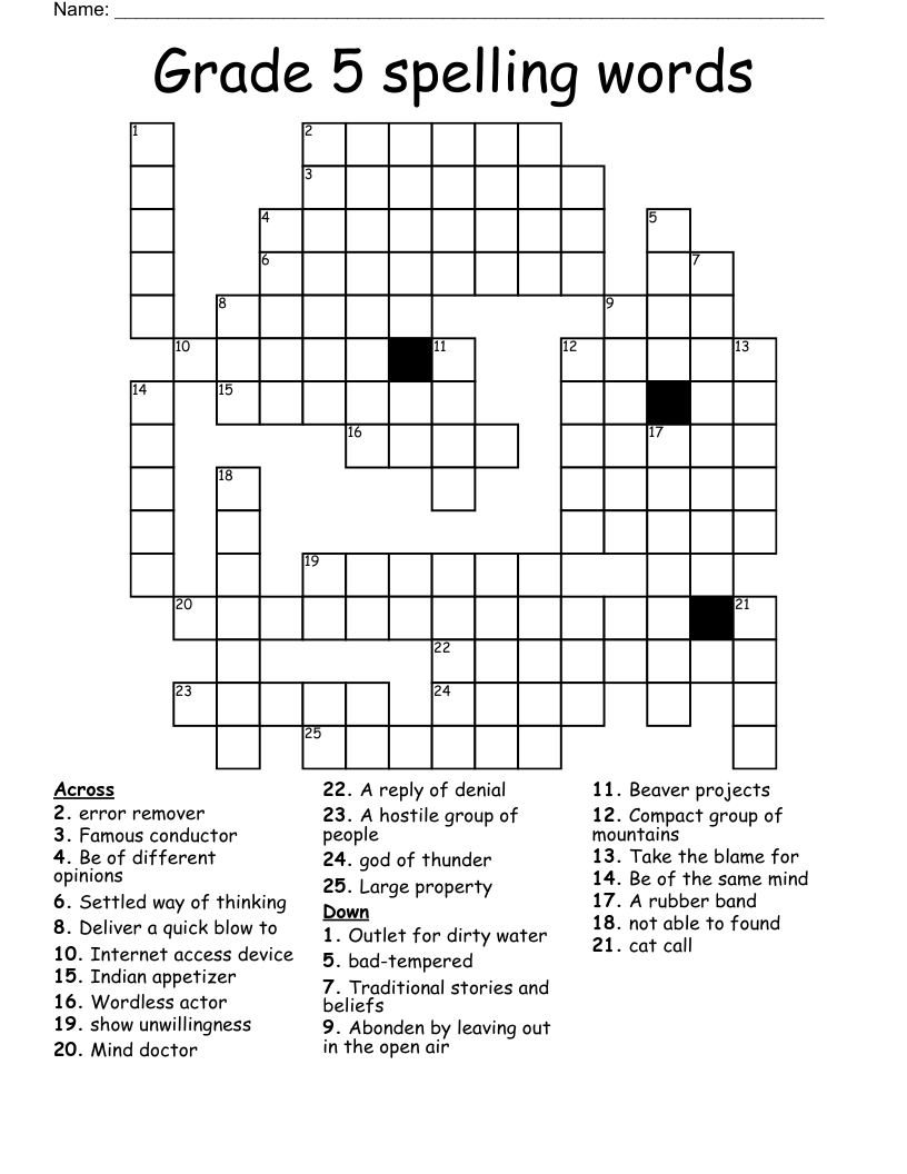 Fifth Grade Crossword Puzzles Printable