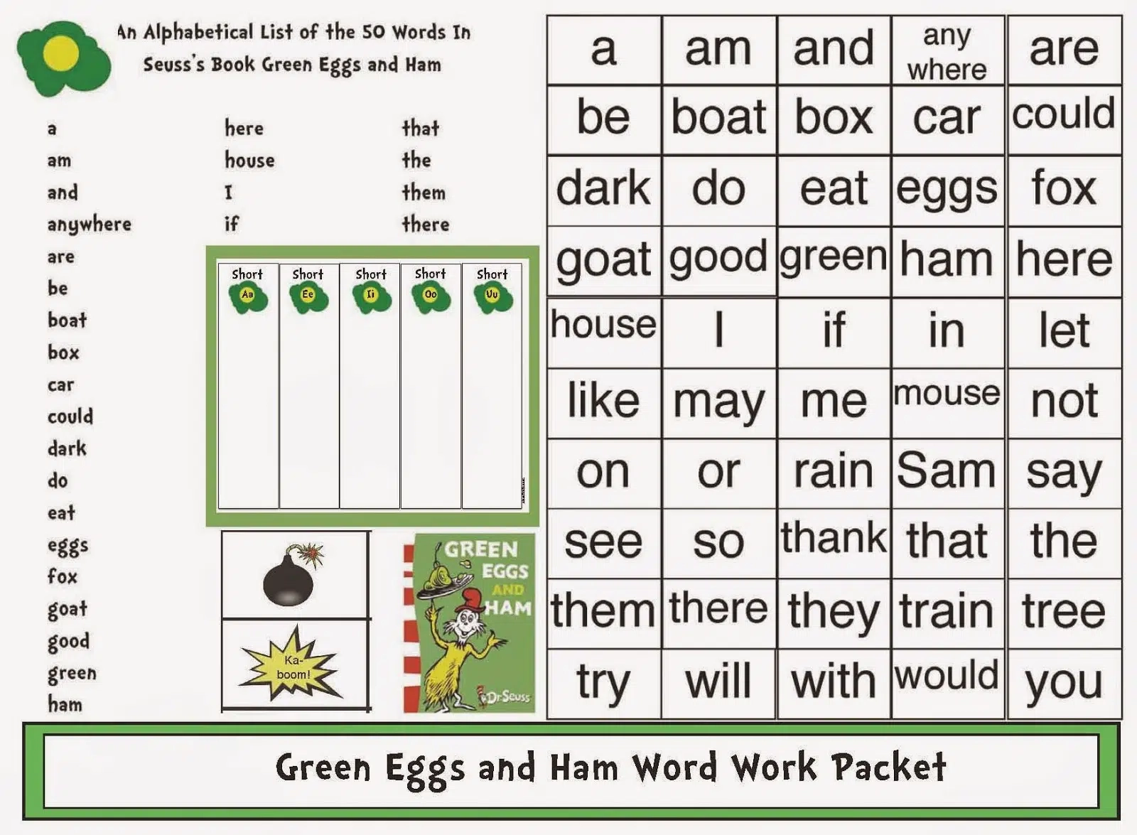 Green Eggs amp Ham Word Work Packet Classroom Freebies