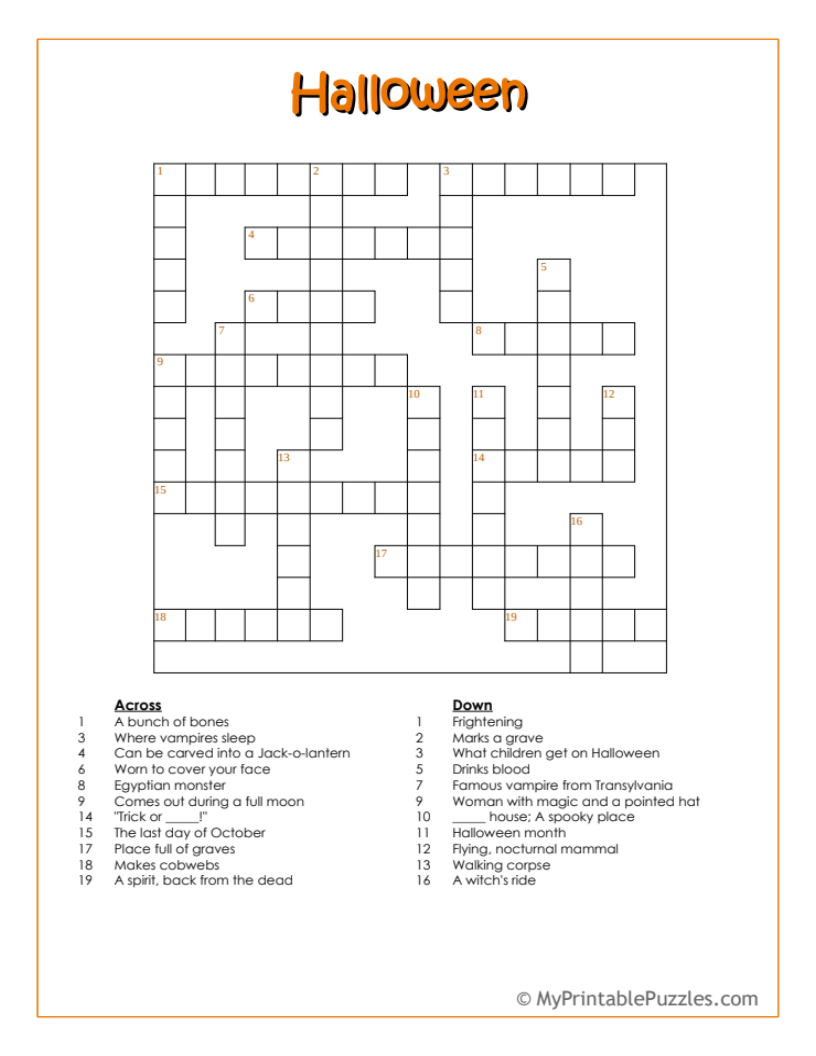 Free Halloween Crossword Puzzles Printable