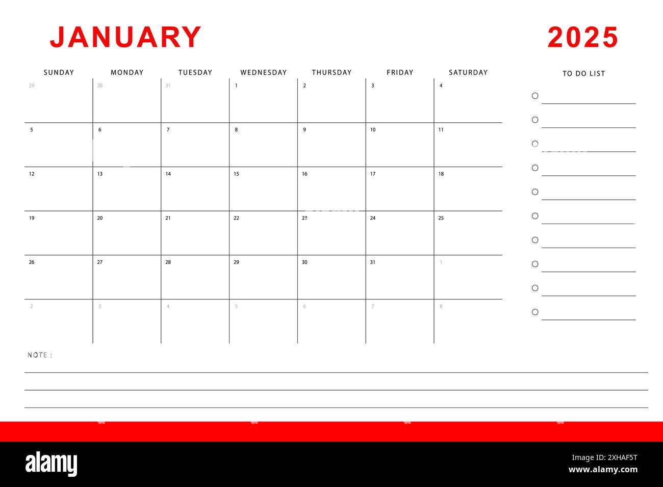 January 2025 Calendar Monthly Planner Template Sunday Start Vector Design Stock Vector Image Art Alamy