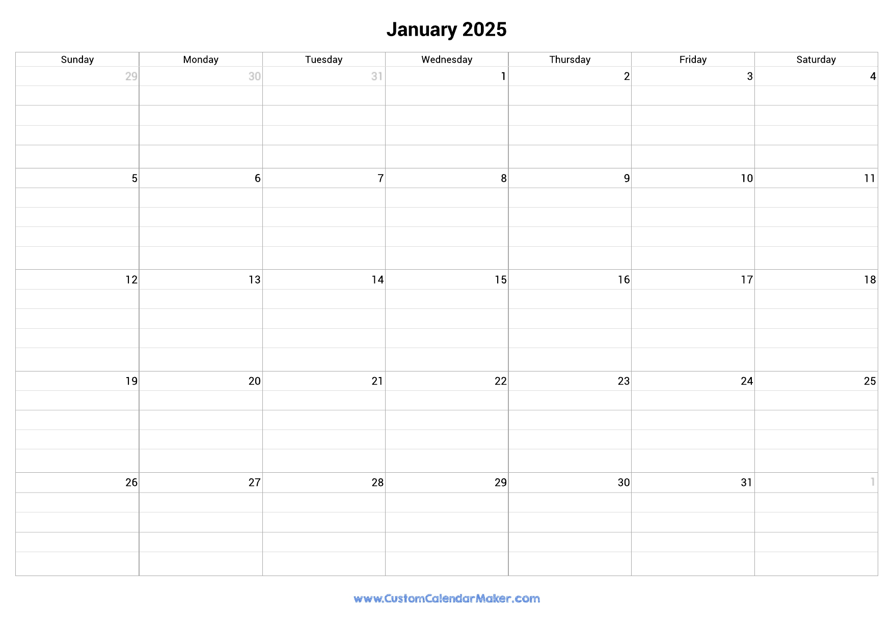 January 2025 Fillable Calendar Grid With Lines Custom Calendar Maker