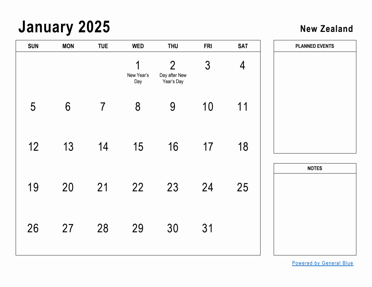 January 2025 Planner With New Zealand Holidays