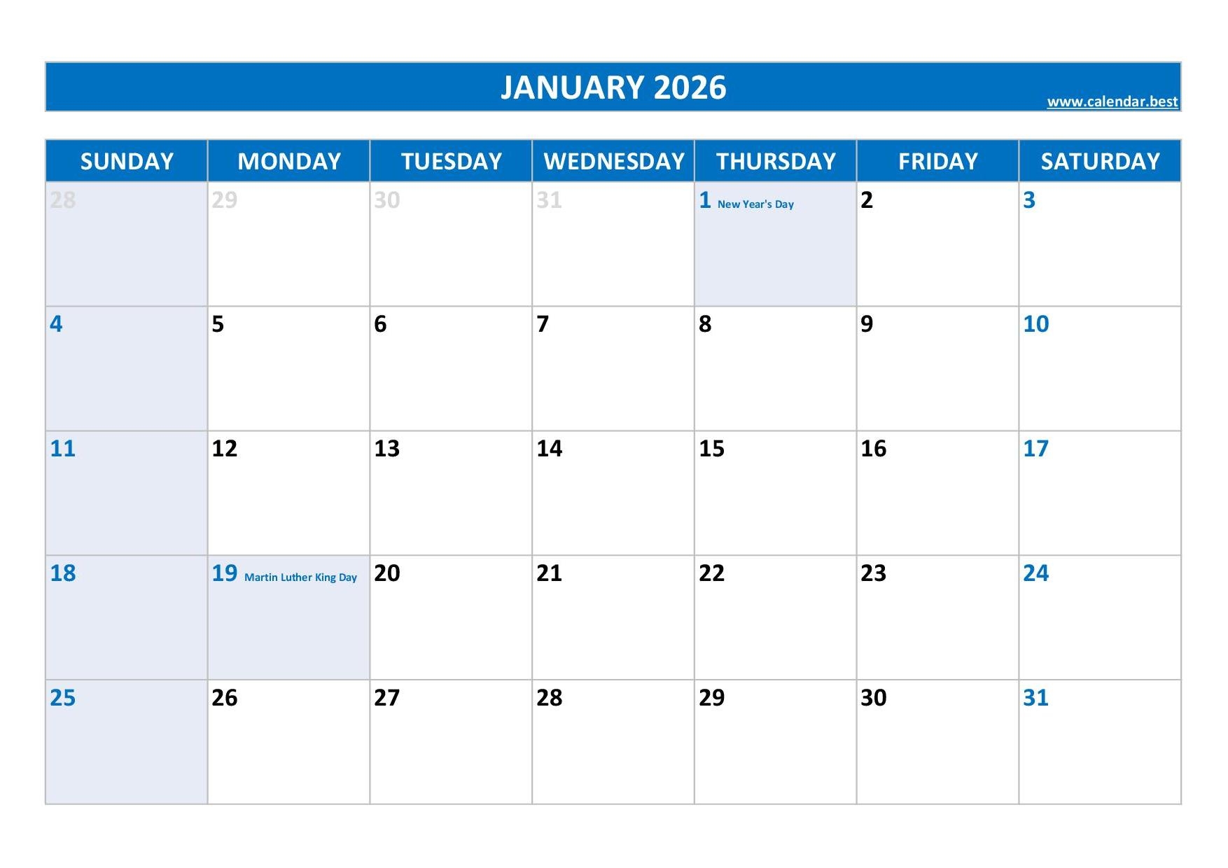 January 2026 Calendar Template