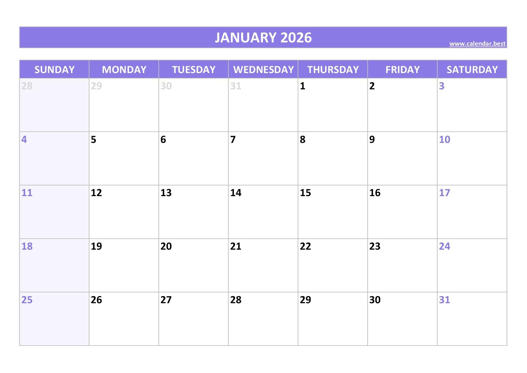 January 2026 Printable Blank Calendar