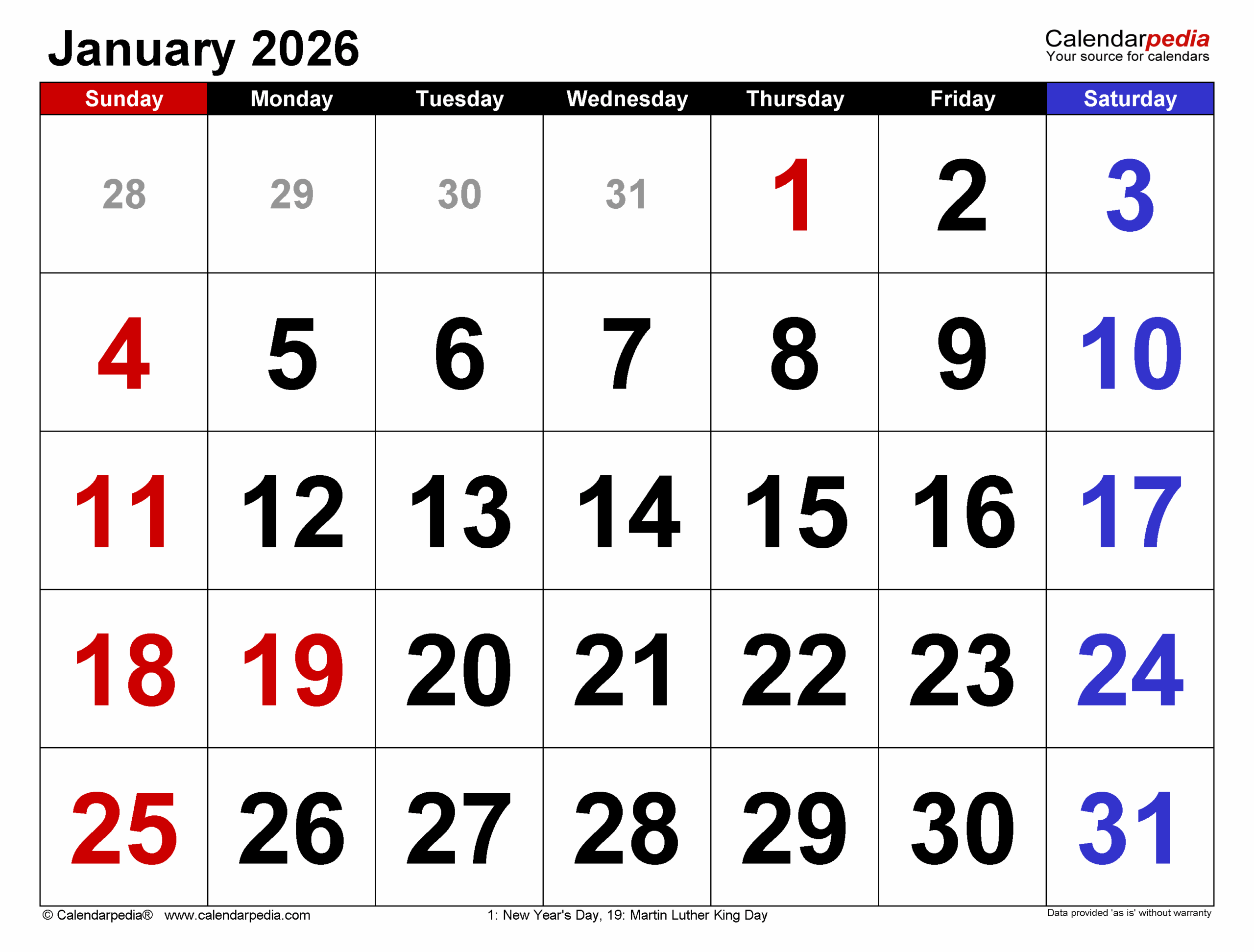 January 2026 Calendar With Holidays