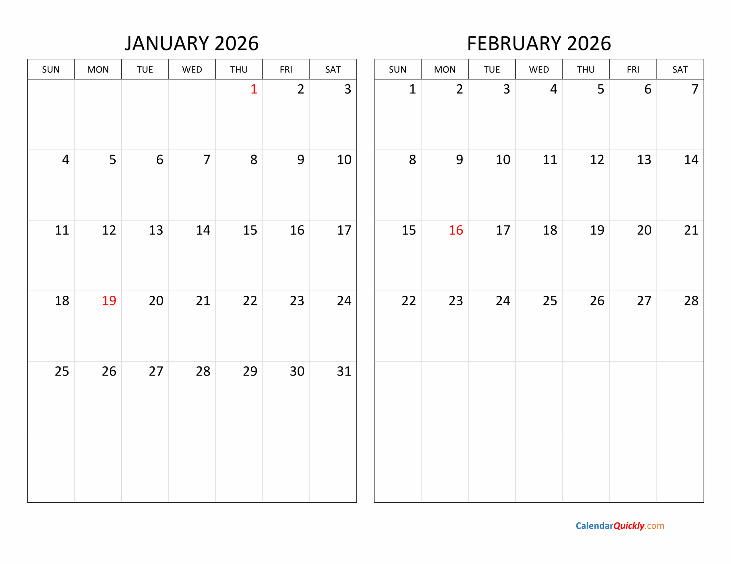 January And February 2026 Calendar