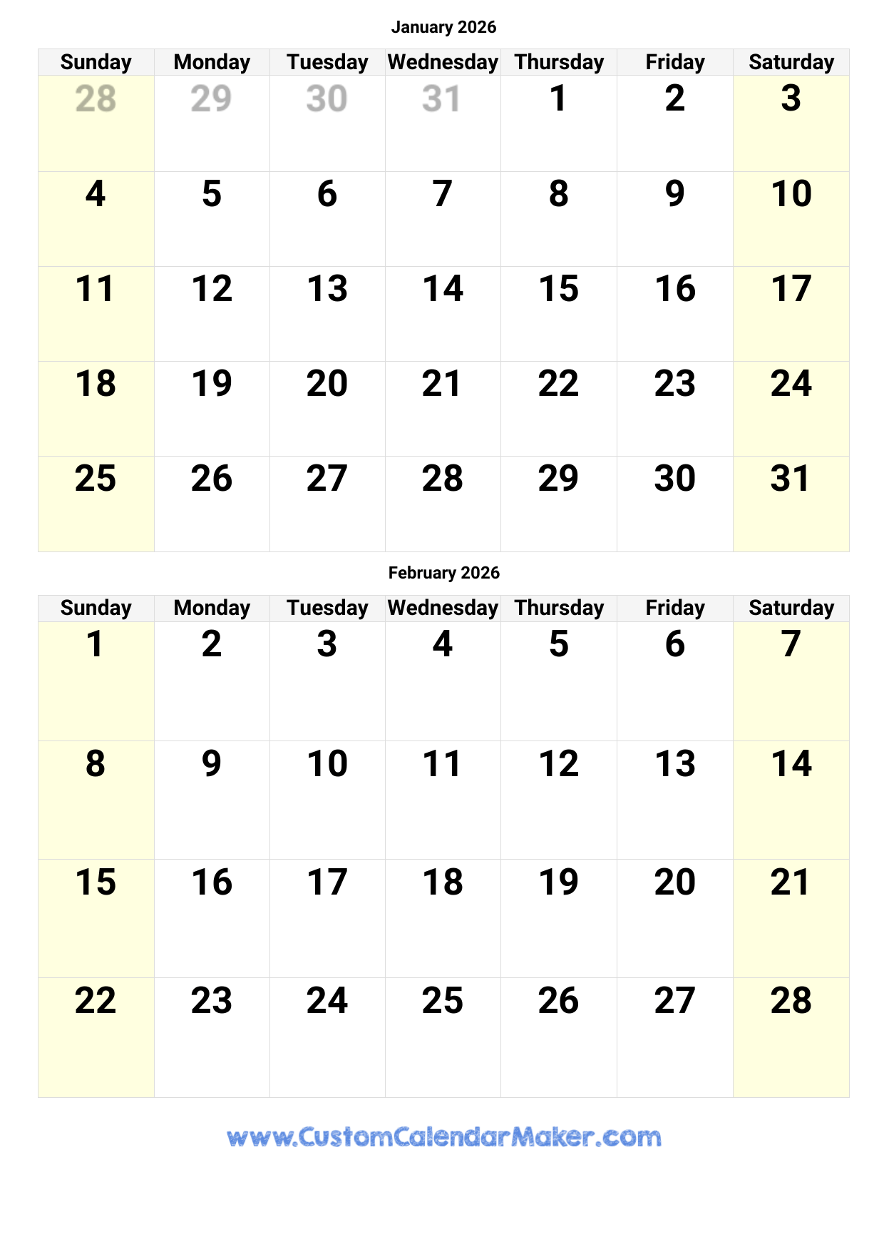 Jan And Feb 2026 Calendar