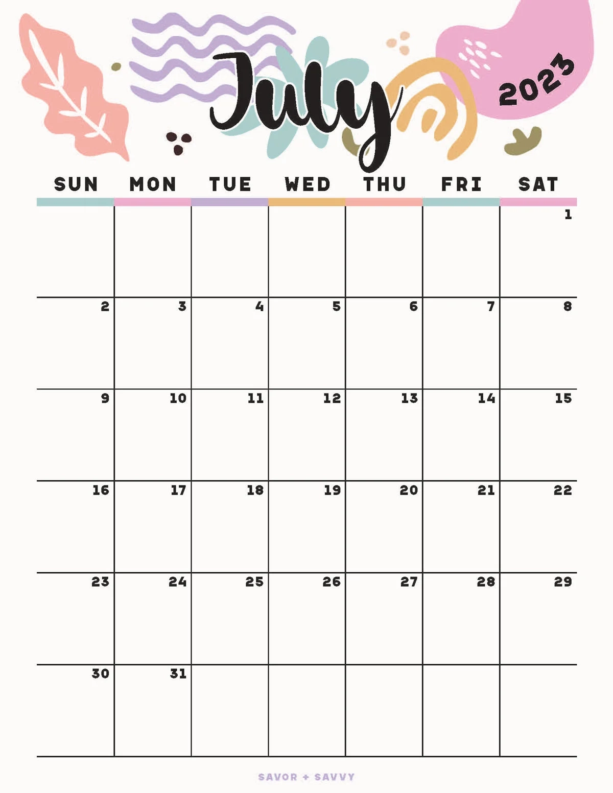 Printable July 2023 Calendar With Cute Design
