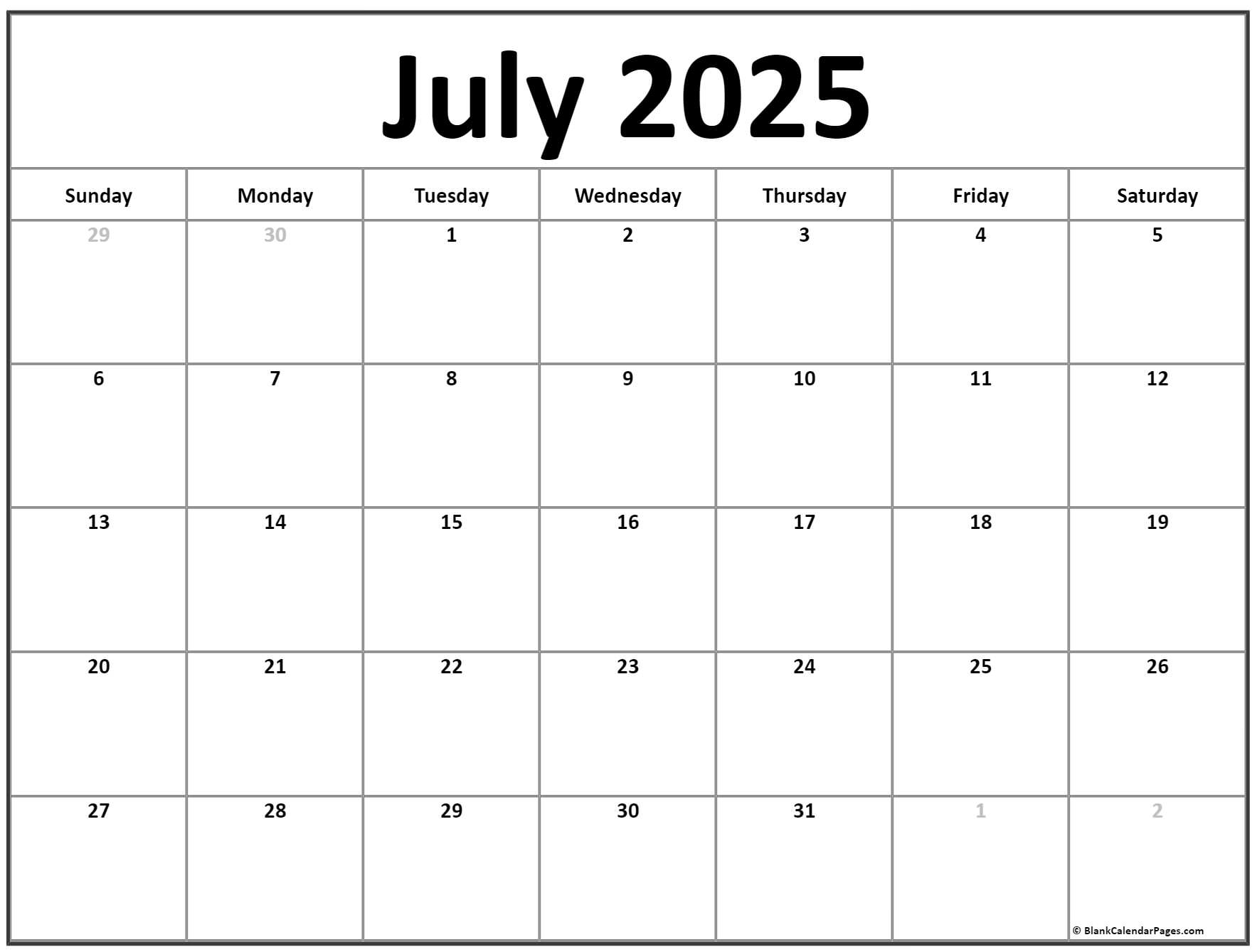 Blank Summer Calendar 2025 Free Printable