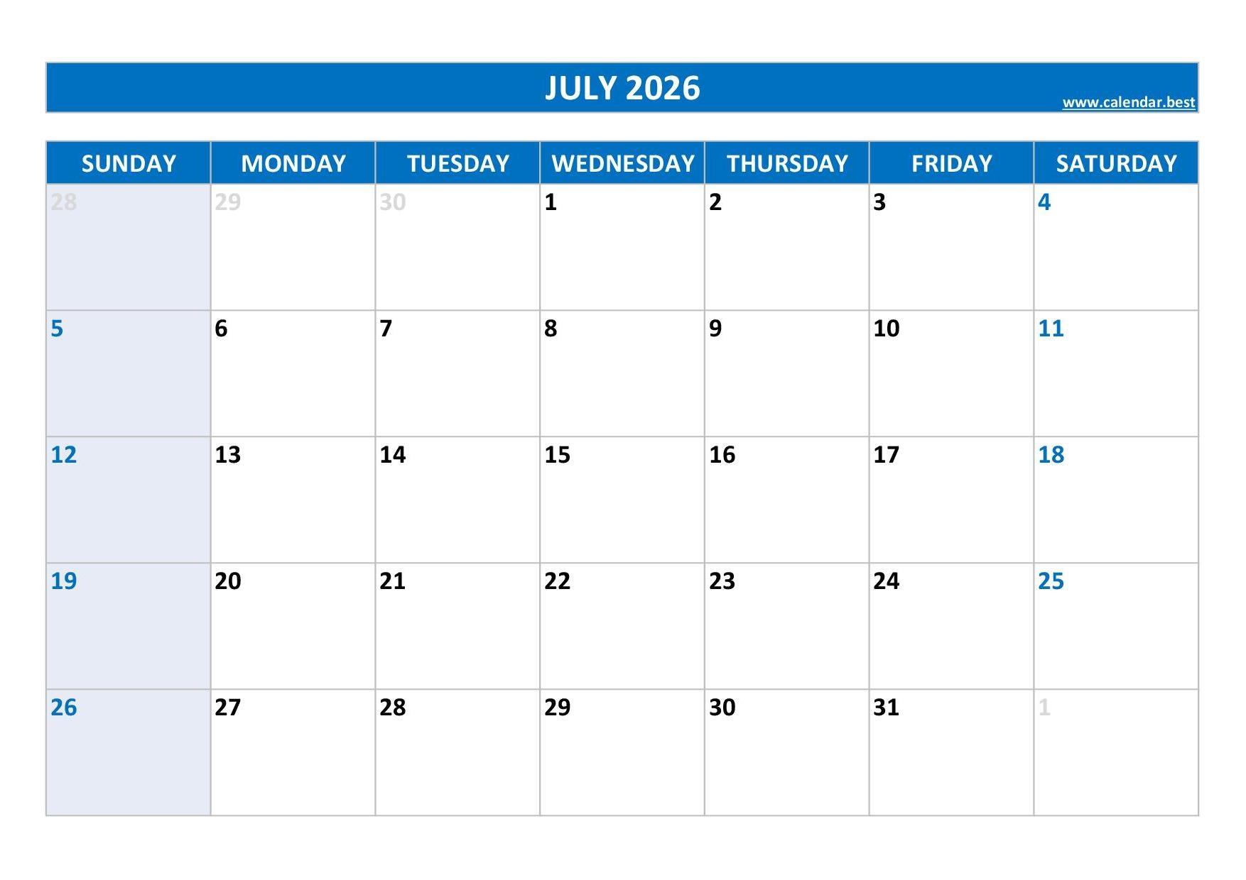 Printable Blank July Calendar 2026