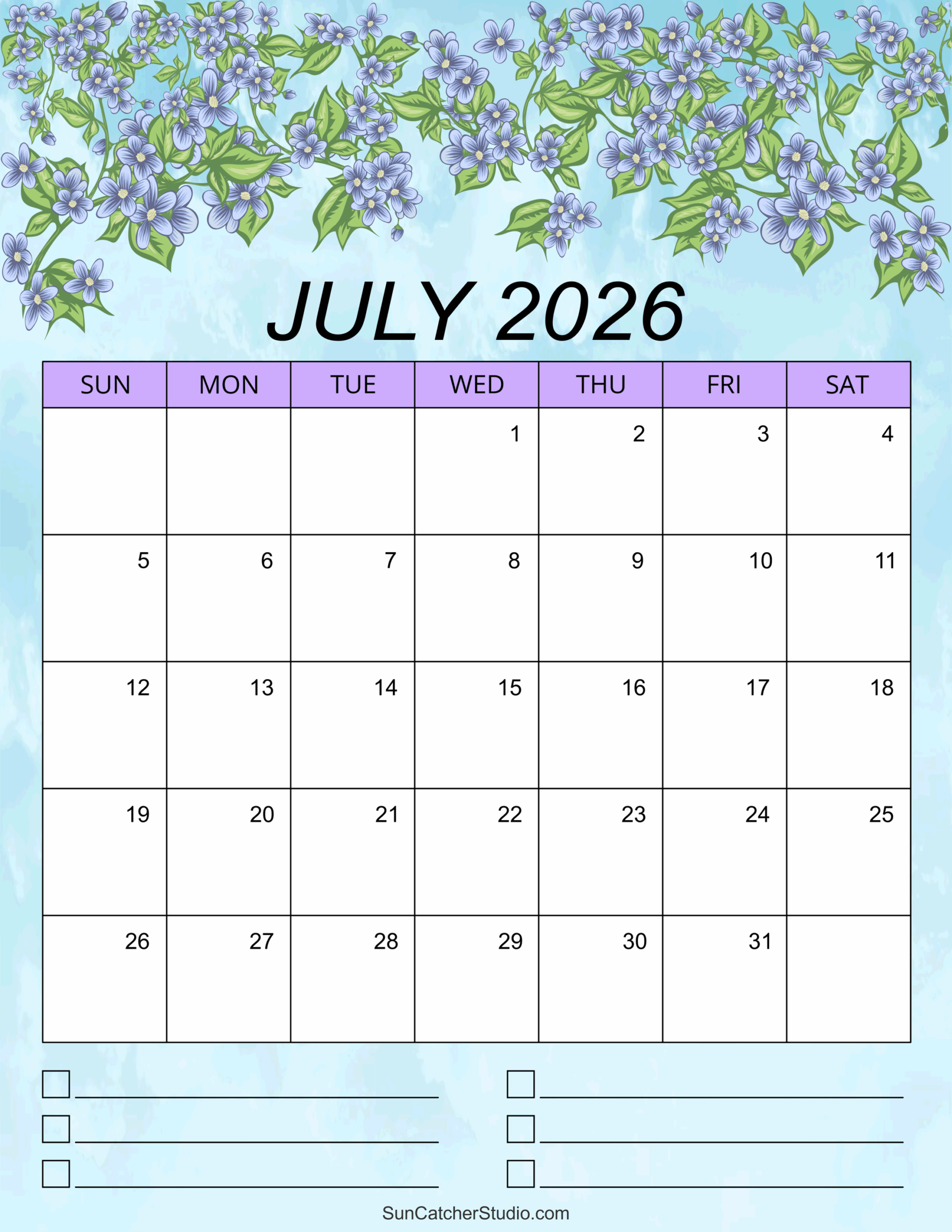 Blank July Calendar 2026 Portrait