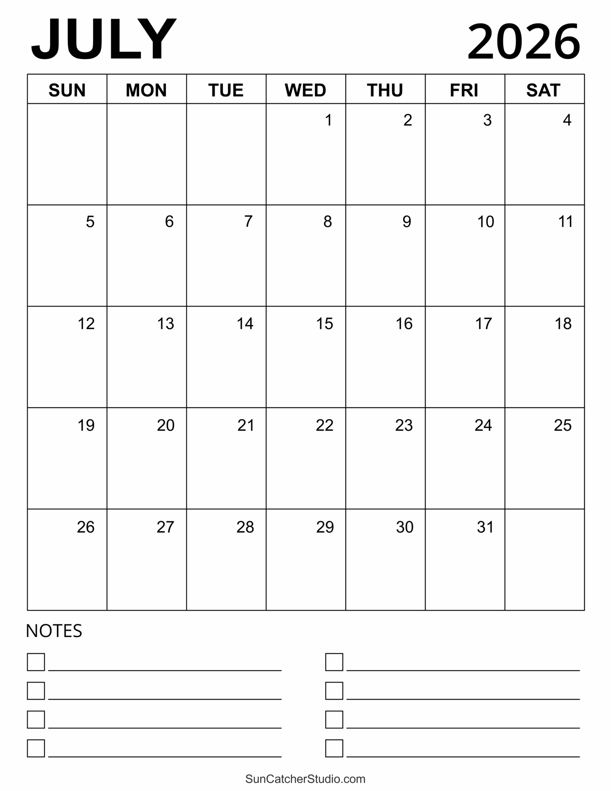 July Blank Calendar 2026 Portrait
