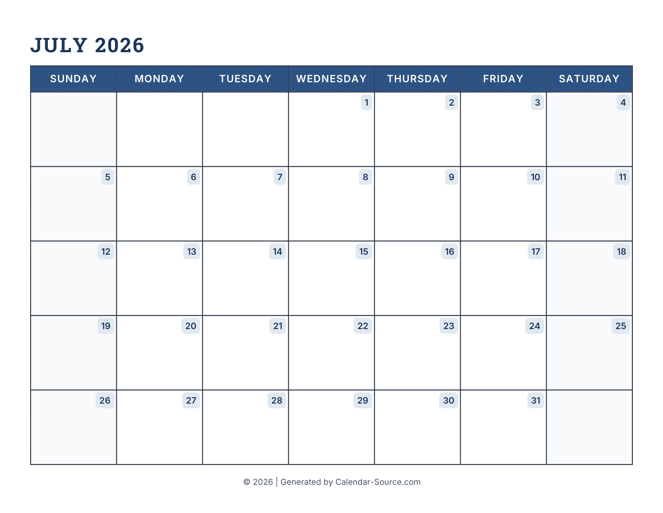 July 2026 Calendar Printable 