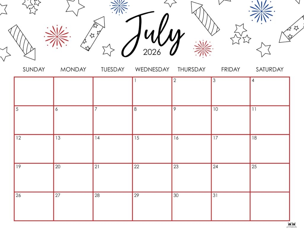 July Blank Calendar 2026 With Holidays