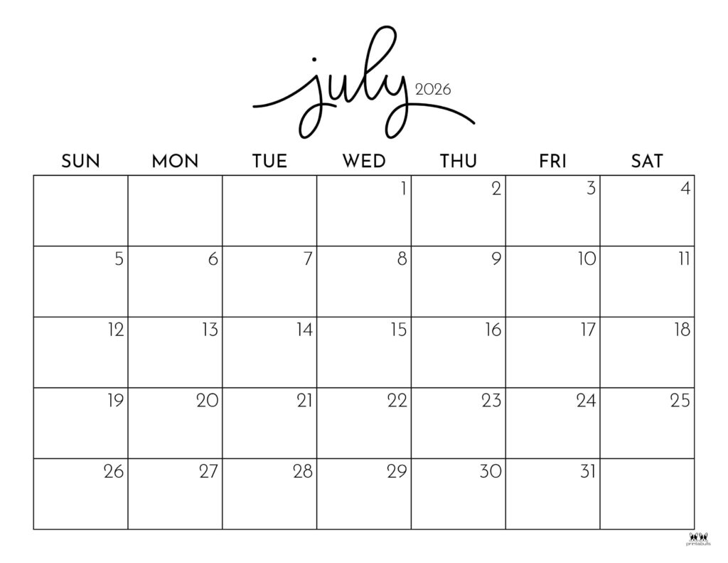 Blank July 2026 Calendar Print Pdf