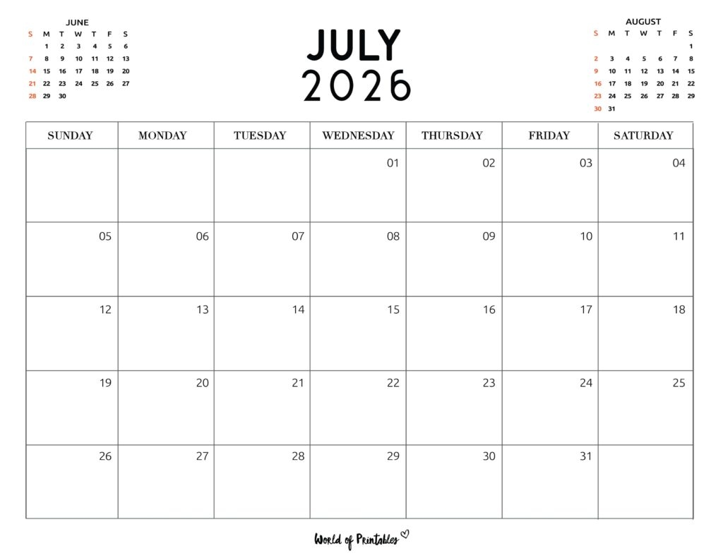 July 2026 Calendars 200 Free Printables World Of Printables