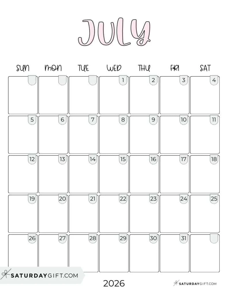Blank July Calendar 2026 Pdf