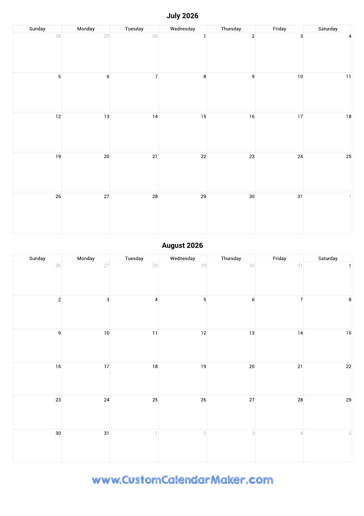 Printable Blank Calendar July And August 2026