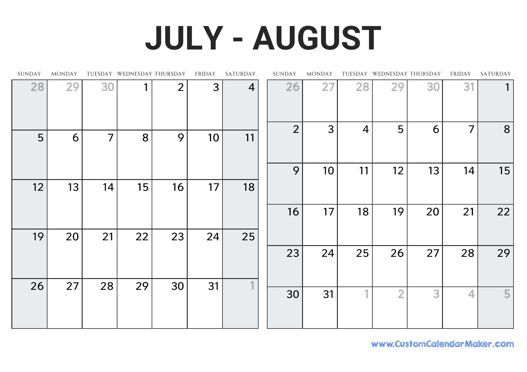 July And August Calendar 2026 Blank