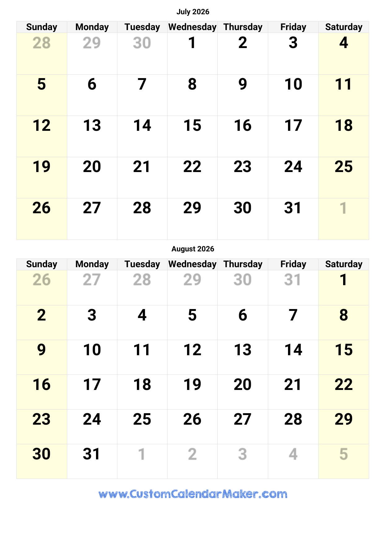 July And August 2026 Calendar Custom Calendar Maker