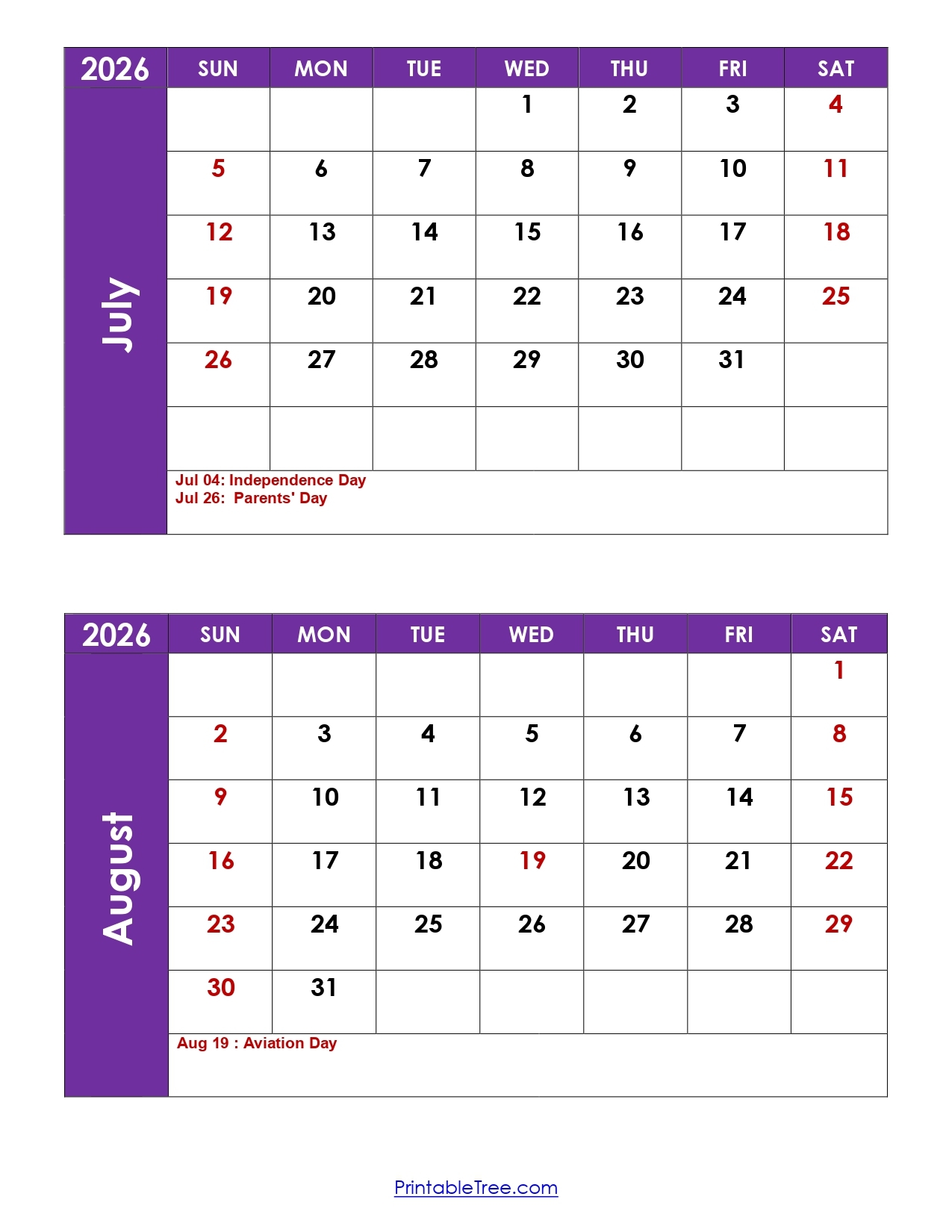 Printable Blank July And August 2026 Calendar