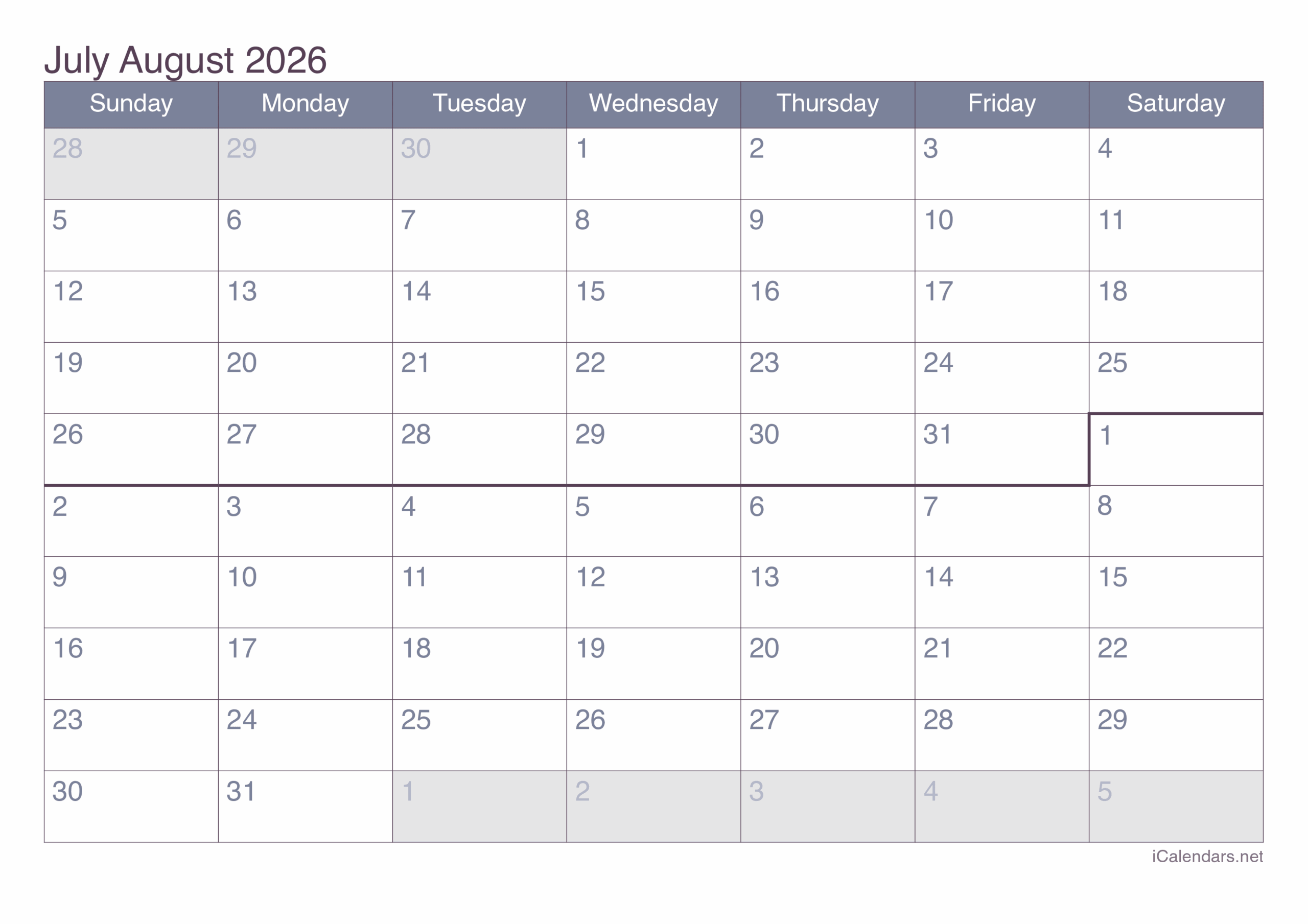 July And August 2026 Printable Calendar