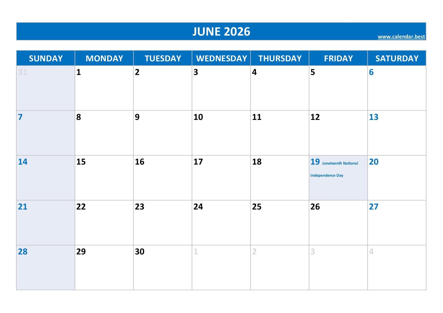 Blank June Calendar 2026 Template