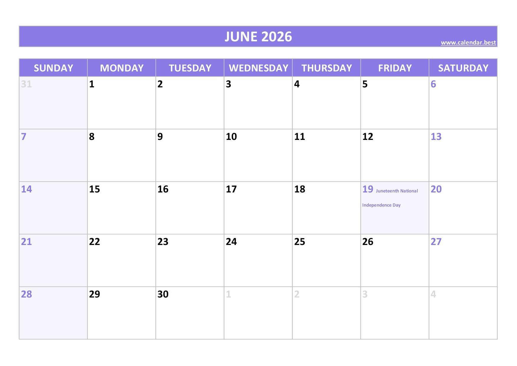 June Blank Calendar 2026 Template