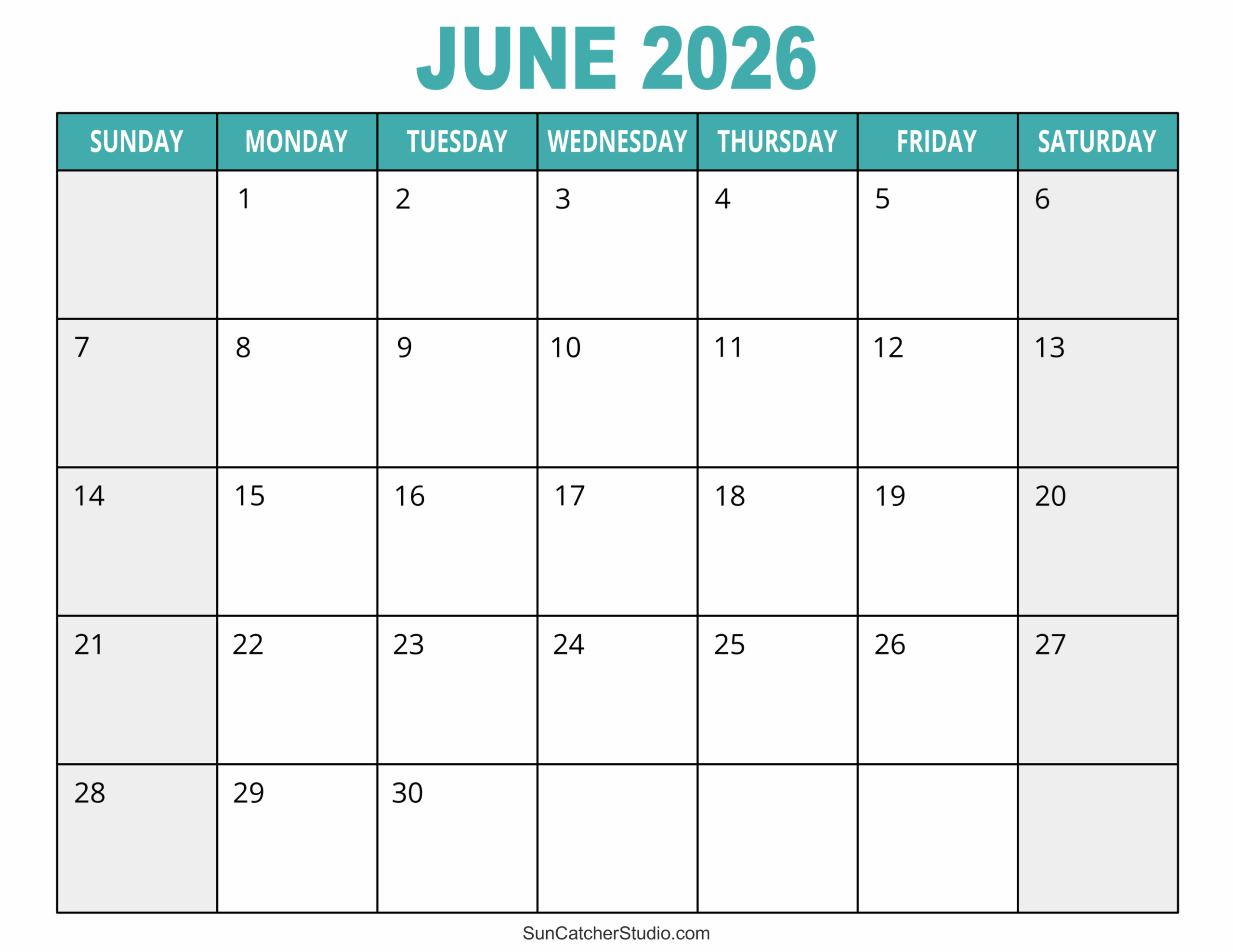 Blank June Calendar 2026 Landscape