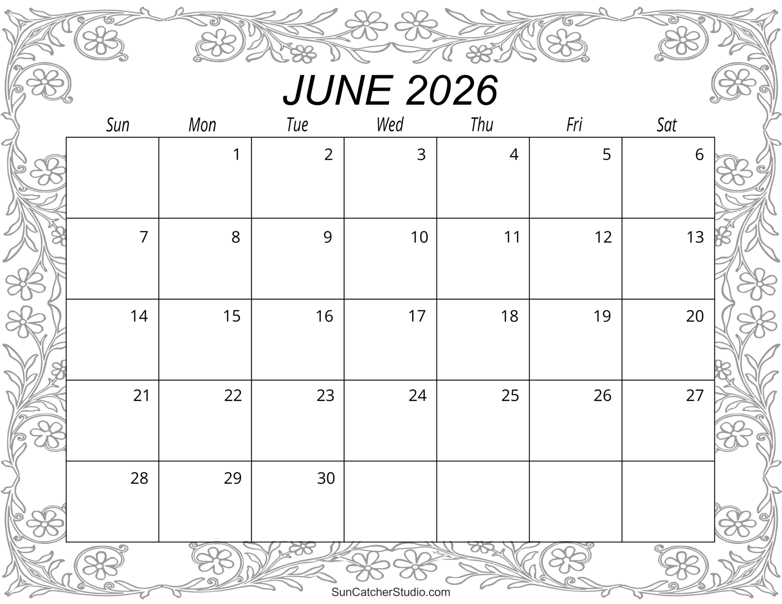 Blank Calendar Template June 2026 Printable