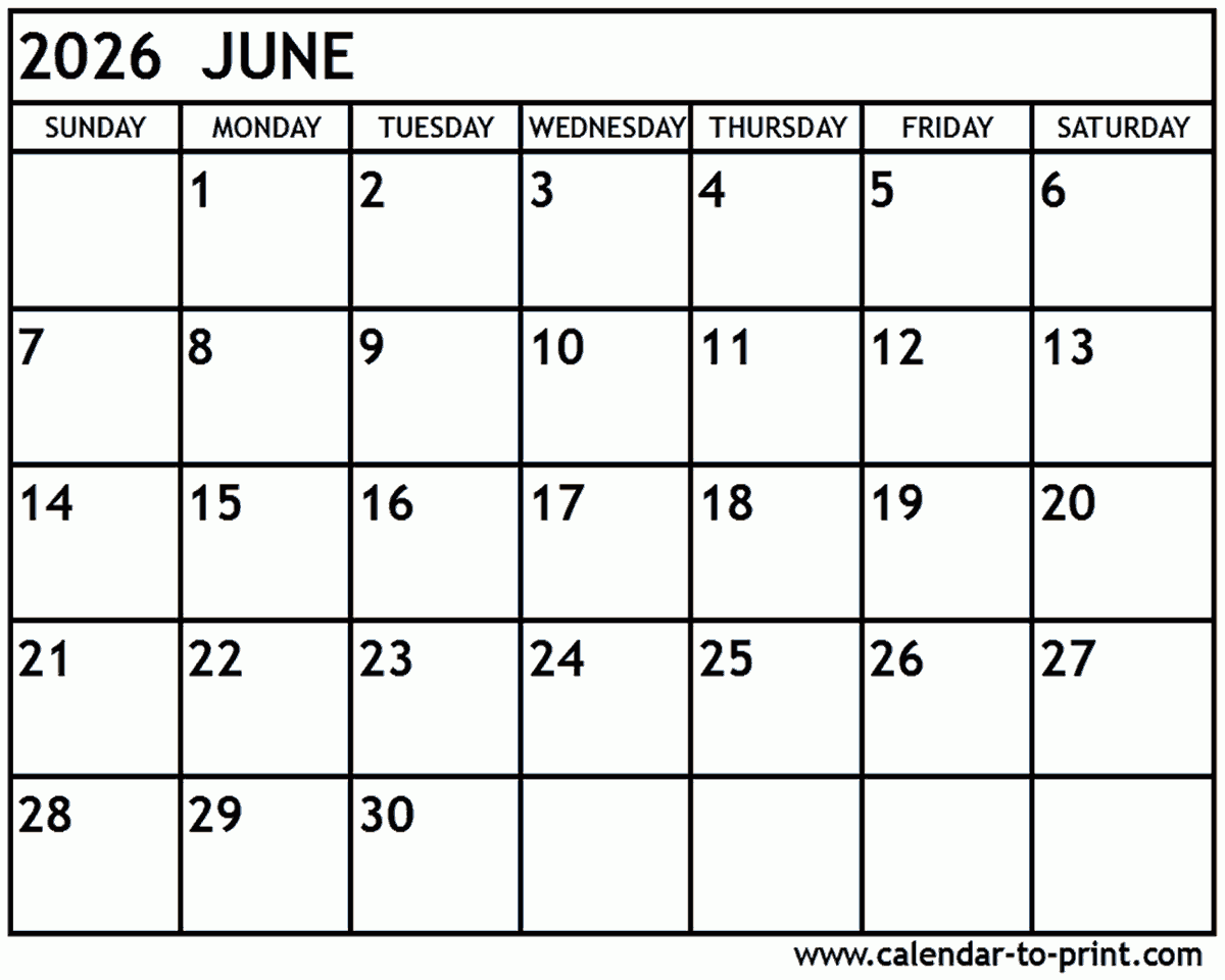 Blank June Calendar Printable 2026