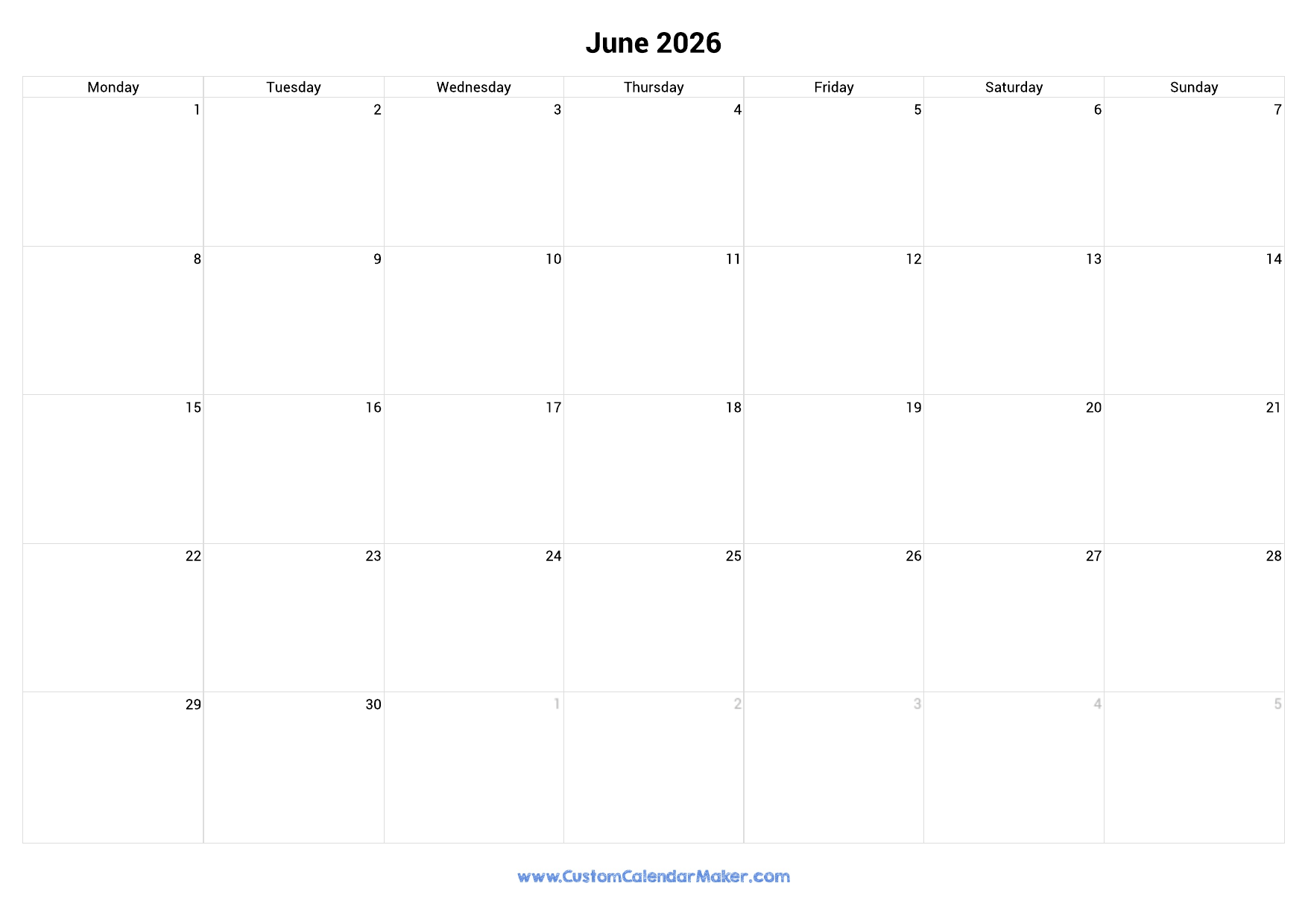 June Blank Calendar 2026 Monday Start