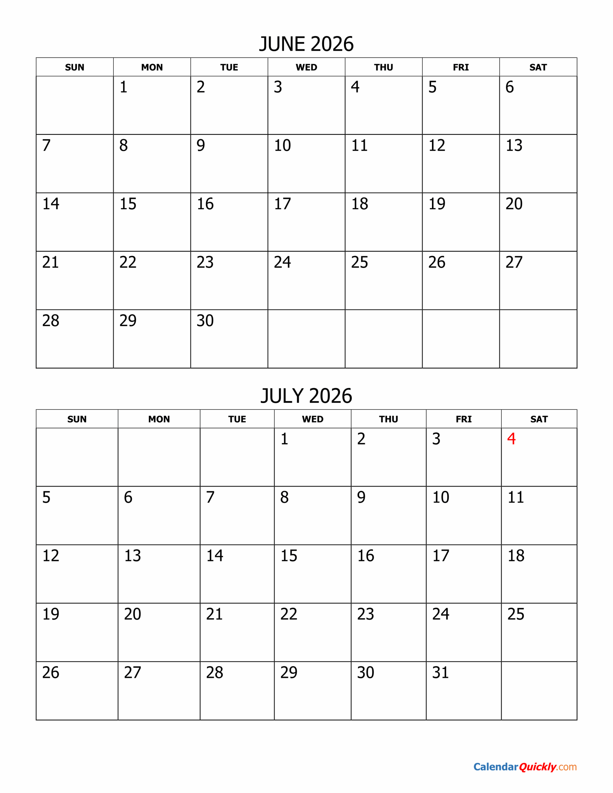 June And July 2026 Calendar Calendar Quickly